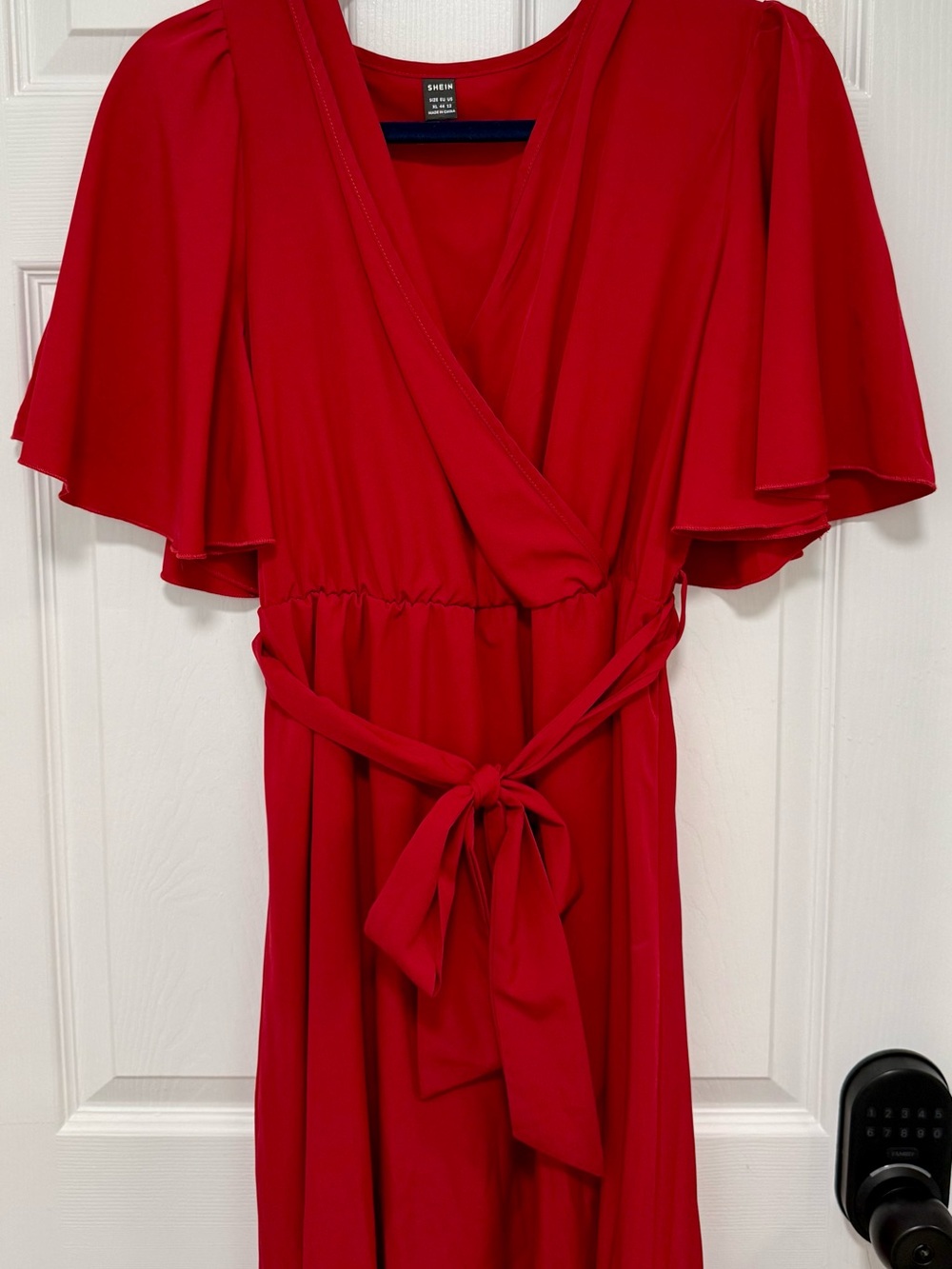 SHEIN Red Wrap Midi Dress with Tie Waist and Flutter Sleeves